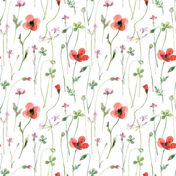 Red poppies, green field herbs seamless watercolor pattern on white background. Wild flowers gentle floral background.Texture for fabric, textile, wallpaper.