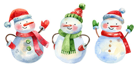 Cute snowmen in hats and scarves hand drawn watercolor christmas character set. New Year, Christmas bright watercolor snowmen isolated on white background.
