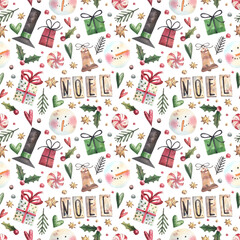 Hand drawn watercolor seamless pattern with snowmen, lollipops, gifts and Christmas tree branches in vintage style. Christmas background with cute holiday illustrations. Noel, Christmas Eve.