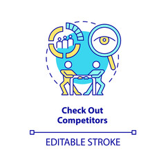Check out competitors concept icon. Creating website do abstract idea thin line illustration. Analysis tools. Isolated outline drawing. Editable stroke. Arial, Myriad Pro-Bold fonts used