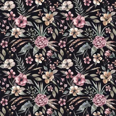 Tuinposter Floral, watercolor pattern in vintage style on a dark background. Flowers and leaves seamless illustration in soothing colors for fabrics, textiles, paper and wallpapers. © Tonia Tkach