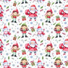    Christmas, New Year's pattern with cute, cartoon characters, gifts and holiday sweets hand-drawn in watercolor. New Year, Christmas, Santa Claus, snowman, elf seamless pattern