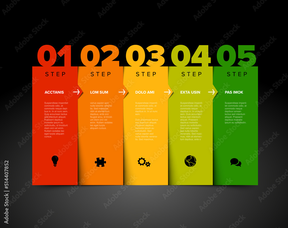Poster five color steps elements columns template with big numbers
