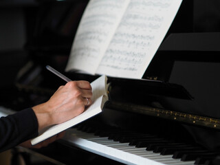 Make notes in a notebook.
Pianist make remarks during practical training. The pianist keep a diary