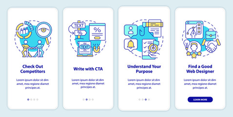 Creating website dos onboarding mobile app screen. Competition walkthrough 4 steps editable graphic instructions with linear concepts. UI, UX, GUI template. Myriad Pro-Bold, Regular fonts used