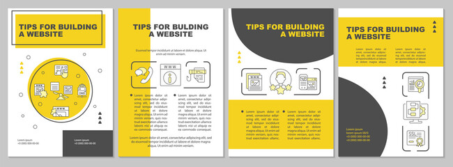 Steps in making professional website yellow brochure template. Leaflet design with linear icons. Editable 4 vector layouts for presentation, annual reports. Arial, Myriad Pro-Regular fonts used