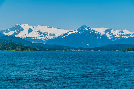 A view from Auke Bay towards the outskirts of Juneau, Alaska in summertime