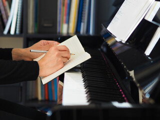 Make notes in a notebook.
Pianist make remarks during practical training. The pianist keep a diary