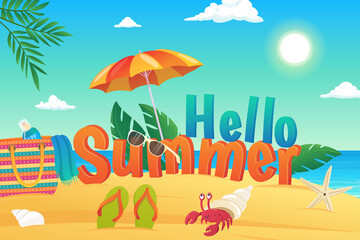 Hello summer background in flat cartoon design. Wallpaper with sea beach, sunglasses, umbrella, bag with sunscreen, crab, slippers and palm leaves. Illustration for poster or banner template