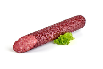 Italian sausage. Tasty dried sausage, close-up, isolated on white background