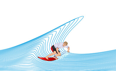 Surfing, waves, summer. Vector illustration of a surfer on the crest of a wave. Sketch for creativity.