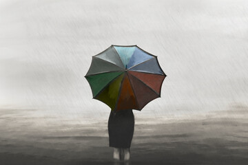 businesswoman in the rain with a colorful umbrella