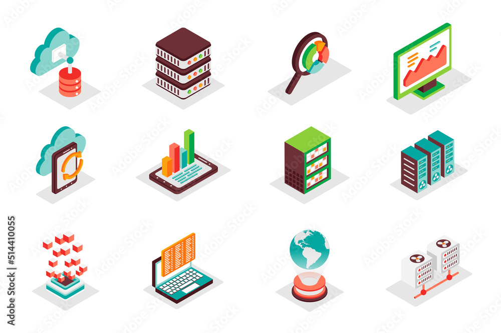 Aufkleber Big data concept 3d isometric icons set. Pack isometry elements of cloud computing, storage, server, database, datacenter, analysis, statistics and other. Illustration for modern web design