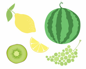 Set of vector images of different fruits. Designer drawing of colorful fruits: watermelon, lemon, grapes, kiwi