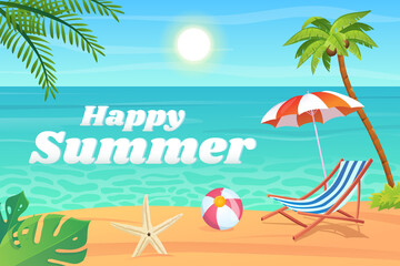 Happy summer background in flat cartoon design. Wallpaper with sea beach, blue water, lounger, umbrella, ball, starfish, palm and tropical leaves. Illustration for poster or banner template