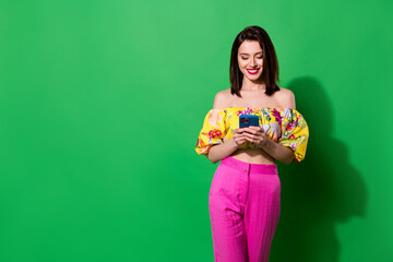 Photo of positive adorable lady wear off shoulders blouse communicating modern gadget empty space...