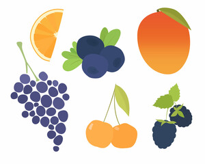 Set of vector images of different fruits. Designer drawing of colorful fruits: grapes, blackberries, cherries, mangoes, oranges