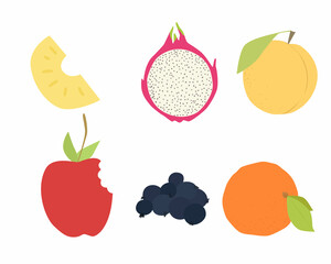 Set of vector images of different fruits. Designer drawing of colorful fruits: currant, apple, orange, dragon fruit, pineapple, peach