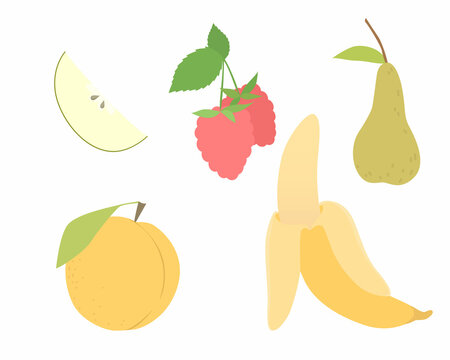 Set of vector images of different fruits. Designer drawing of colorful fruits: pear, banana, apple, raspberry, peach