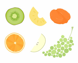 Set of vector images of different fruits. Designer drawing of colorful fruits: tangerine, orange, apple, pineapple, kiwi, grapes