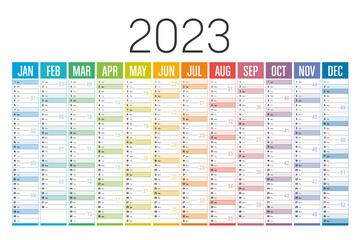 Year 2023 colorful calendar on white background. Vector template.