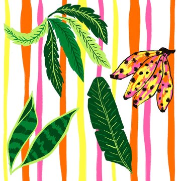 Set of tropical leafs, fruits and abstract shapes