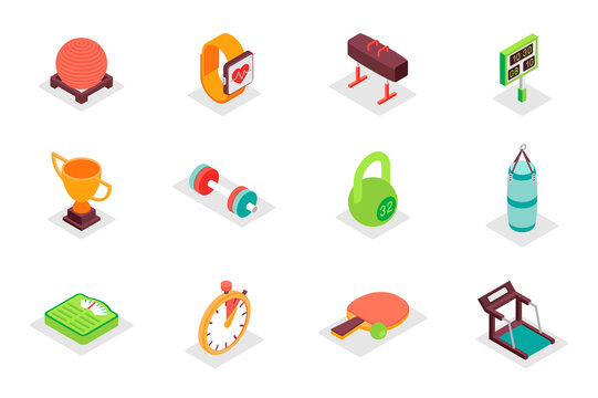 Sports equipment concept 3d isometric icons set. Pack isometry elements of ball, smart watch, score, winning cup, barbell, kettlebell, scales, gym and other. Illustration for modern web design