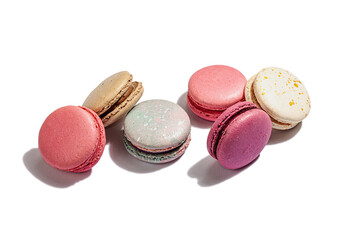 Different colorful French macarons isolated on white background. Culinary and cooking concept