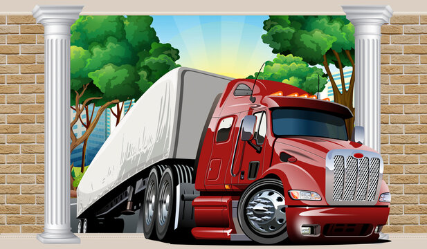 Illustration, a wall with columns, and a moving truck with a trailer. 3d photo wallpapers. 3d image.