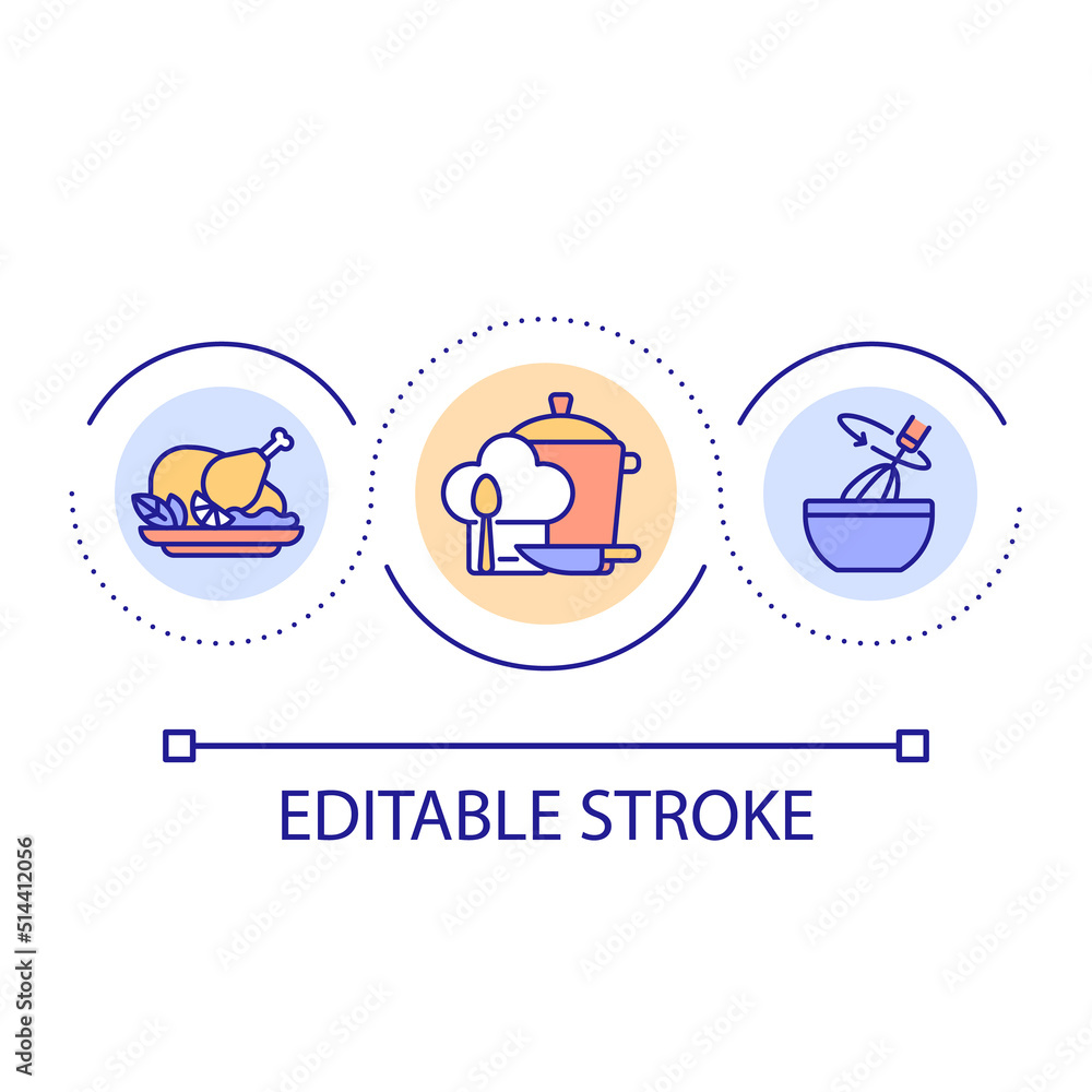 Poster Cooking skill loop concept icon. Basic food preparation abstract idea thin line illustration. Kitchen essentials. Baking techniques. Isolated outline drawing. Editable stroke. Arial font used