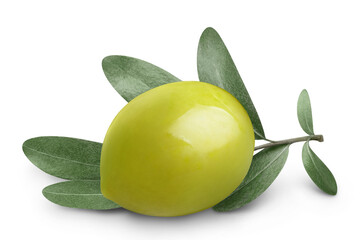 Delicious green olive with leaves, isolated on white background