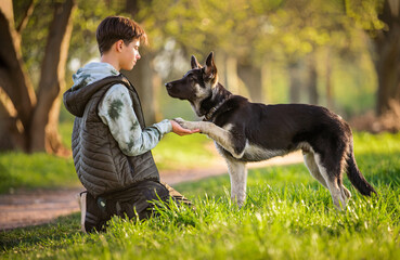 a boy with a dog walks in the park on a sunny spring evening, sits on the grass, the dog obeys the order give a paw. Friendship of man and animal, healthy lifestyle.