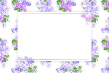 Beautiful, flower, horizontal banner with watercolor, lilac flowers on a white background with golden frame and empty space for your text. Can be used as greeting card or wedding invitation