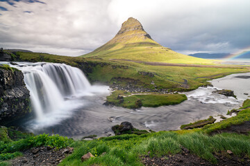 famous Kirkjufell with waterfall during summer - 514412655
