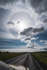 driving towards a sun halo