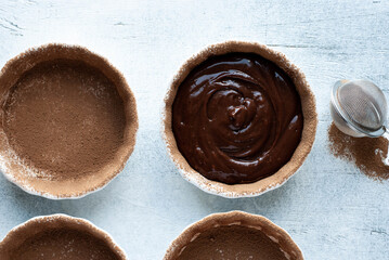 Cooking chocolate fondant, pouring into molds, process