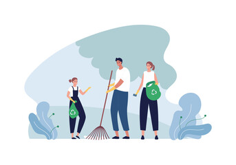 Ecology volunteering concept. Vector flat person illustration. Diverse family of man, woman and daughter volunteer collect garbage on nature park or garden background. Design for ecology activism