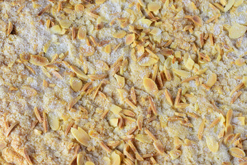 Coke of cracklings and almonds on top, typical sweet of Catalonia.