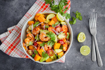 Mango Shrimp Salad with Avocado, Cherry Tomatoes, Lemon and Onion Top Down Photo