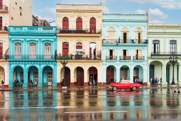 colorful houses in the streets of havana on a rainy day