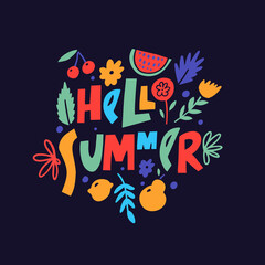 Fototapeta na wymiar Hello summer. Hand drawn modern typography lettering phrase. Colorful letter type and fruits signs set.