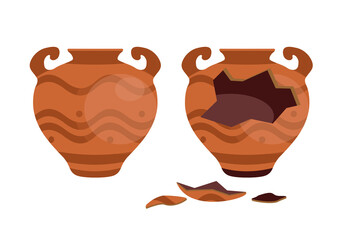 Broken ancient amphora icon with two handles. Old traditional vintage pot. Antique clay vase jar. Ceramic jug archaeological artefact. Greek or Roman vessel pottery for wine, oil. Vector illustration