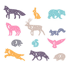 Celestial forest animals. Hand drawn silhouettes. Wild woodland animals. Universe