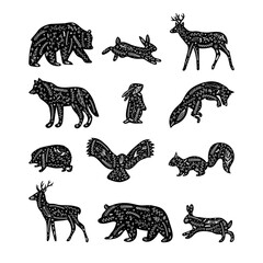 Forest animals with floral elements. Hand drawn silhouettes. Wild woodland animals. Flourish ornament
