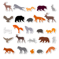 Forest animals. Silhouettes, stickers. Outline of wild forest animals. Bear, deer, wolf, fox, owl, hedgehog, squirrel, hare