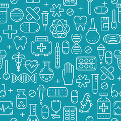 Medicine vector seamless pattern with medical elements for business and advertising. Health care sign collection. Medicine equipment silhouette illustration. Ambulance symbols