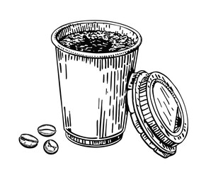 Sketch design vector illustration - doodle take away coffee cup. Hot coffee disposable to go cup sketch isolated on a white. Black and white illustration for cafe, restaurant menu.