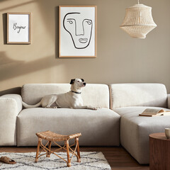 Stylish interior of living room with design modular sofa, furniture, coffee table,  decoration,...