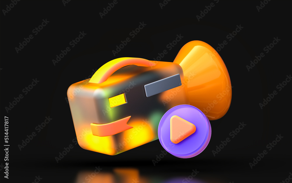 Poster glass morphism video camera icon with colorful gradient light on dark background 3d render concept