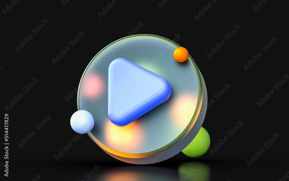 Poster glass morphism video play icon with colorful gradient light on dark background 3d render concept